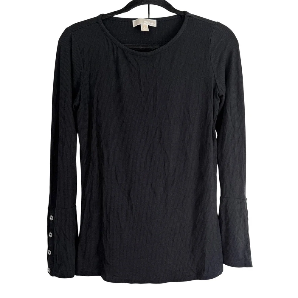 Michael Kors Black Ribbed Knit Bell Sleeve Top Gold Button Cuff Small Officecore